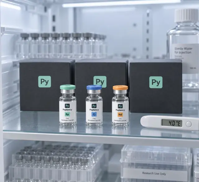 Peptency boxes and vials on a refrigerator shelf